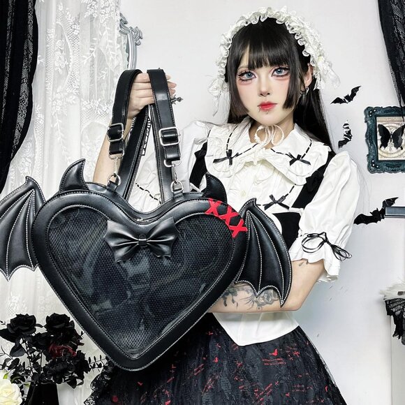 Gothic Heart Shaped Ita Bag with Bat Wings Backpack and Crossbody Purse - Picture 2 of 9